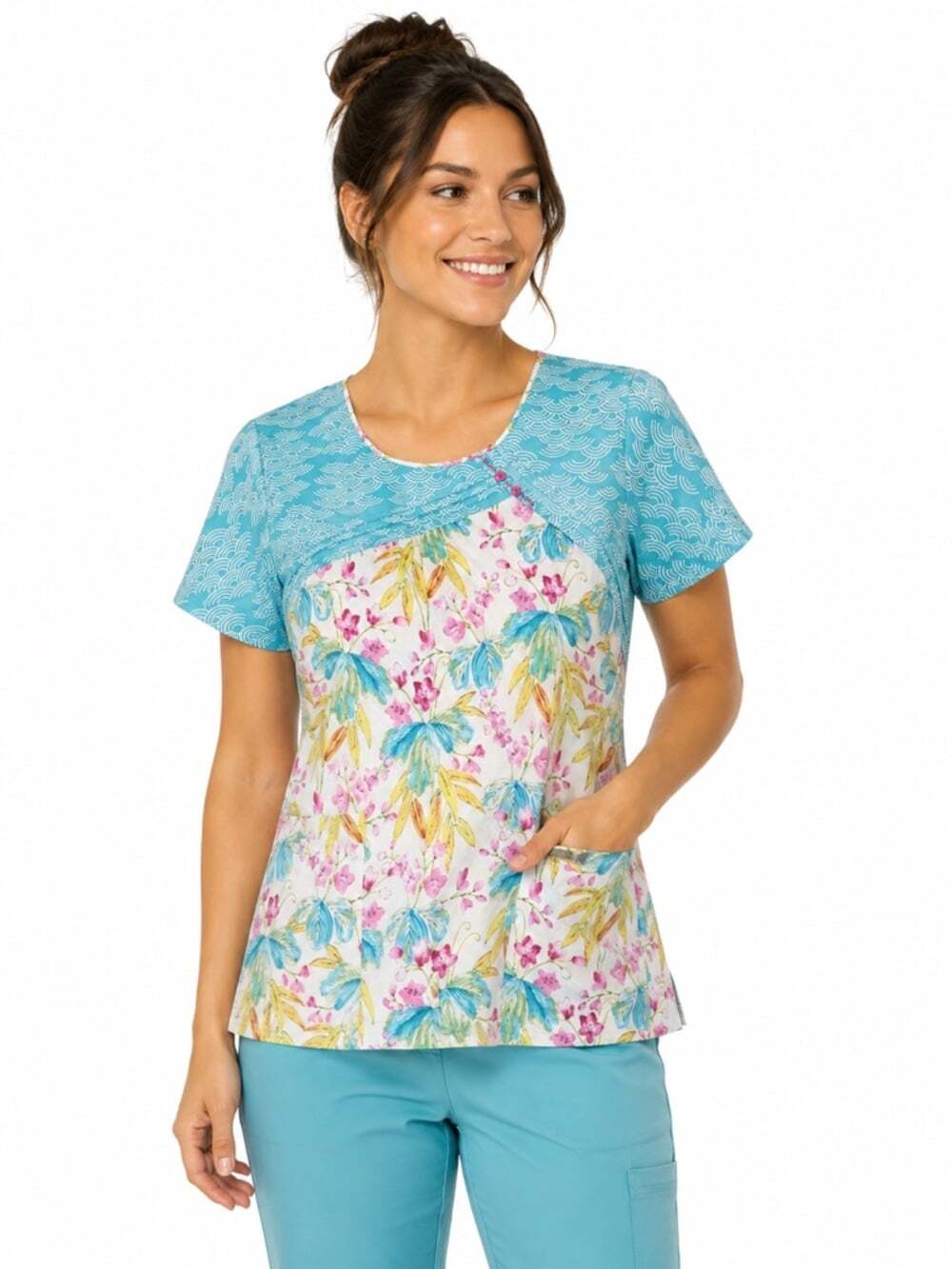 Cherokee Blue Floral Povkets 100% Cotton Short Sleeved Pockets Scrub Top…